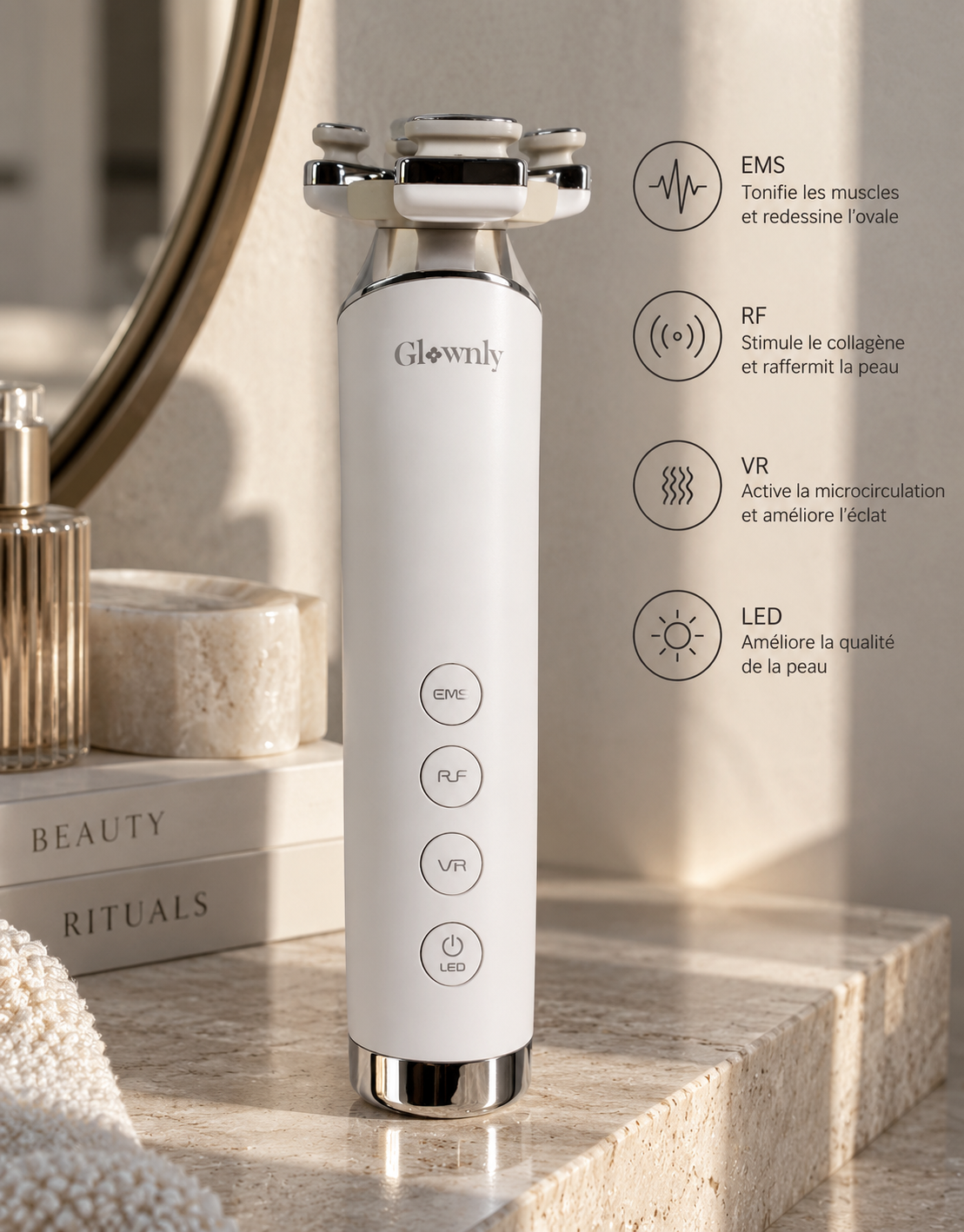 Appareil sculptant visage GLOWNLY 4-en-1 RF, EMS et LED, vue détaillée