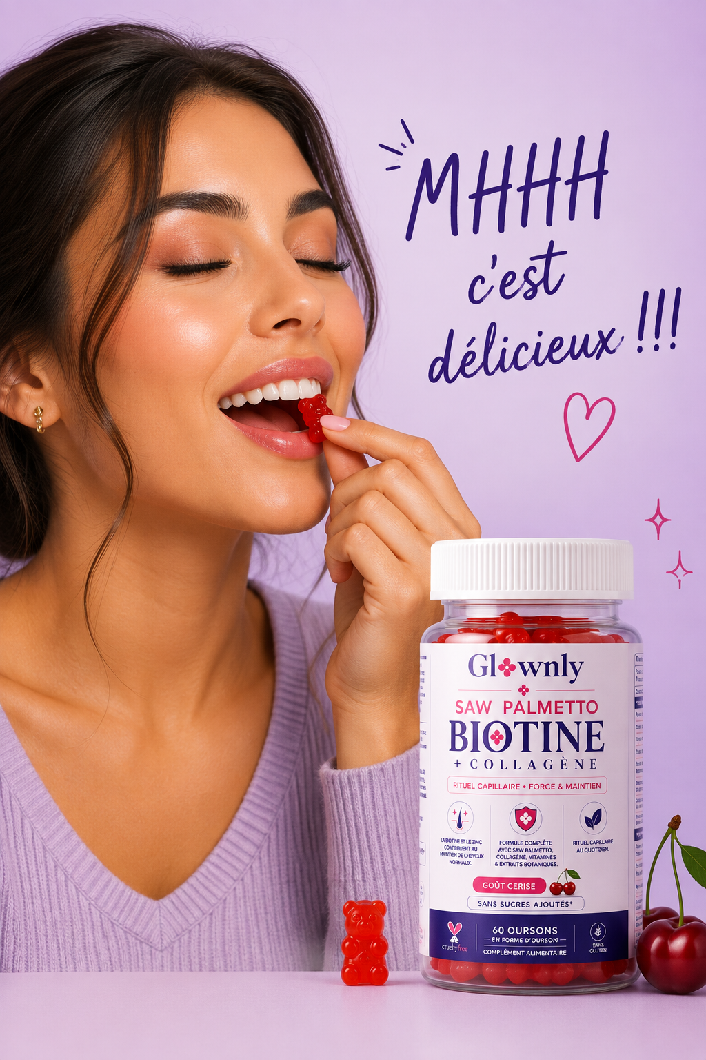 Gummies cheveux GLOWNLY à la biotine, goût cerise