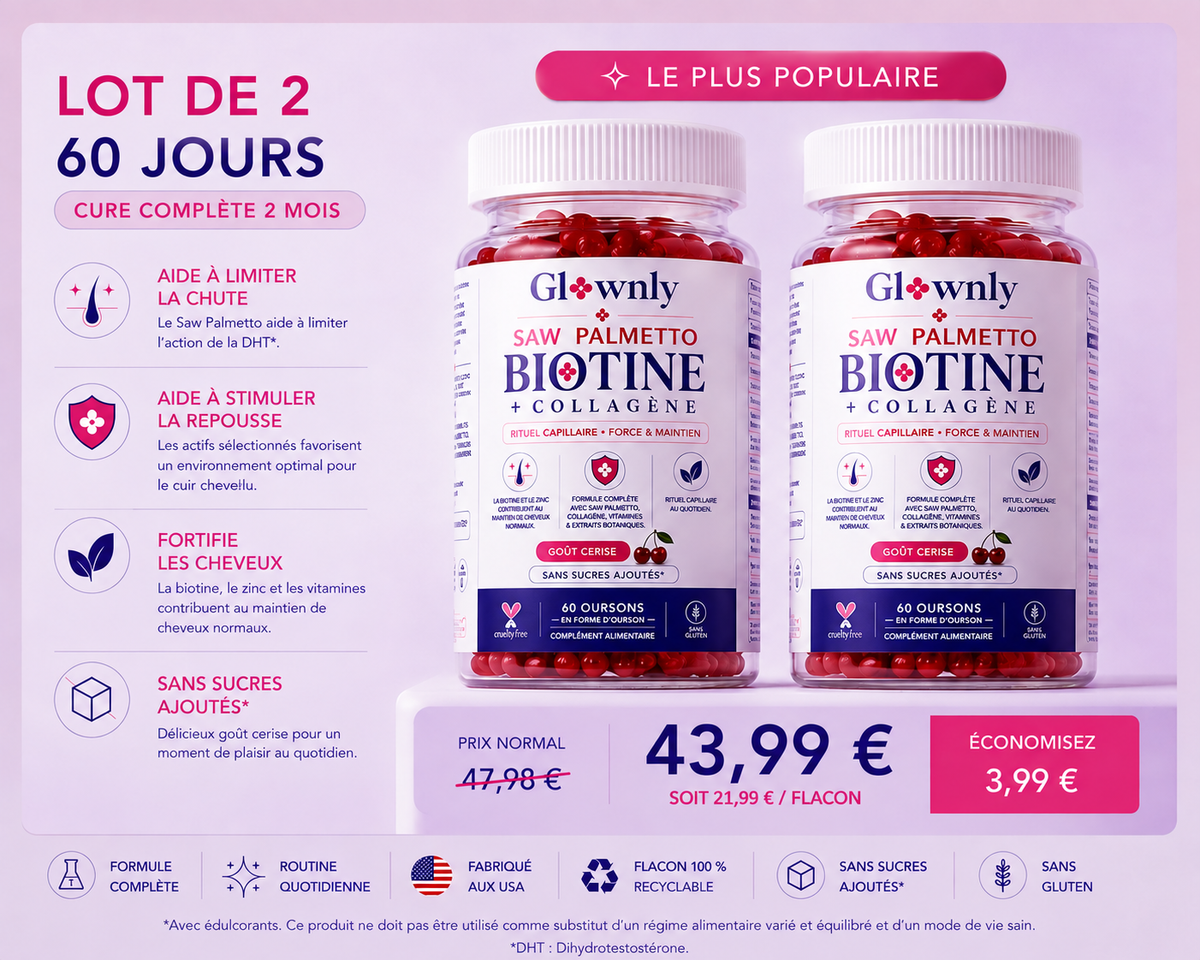 Gummies cheveux GLOWNLY, 2 oursons par jour