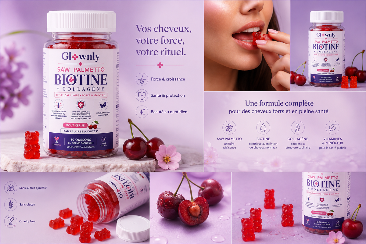 Gummies cheveux Glownly - bénéfices formule Saw Palmetto Biotine Collagène