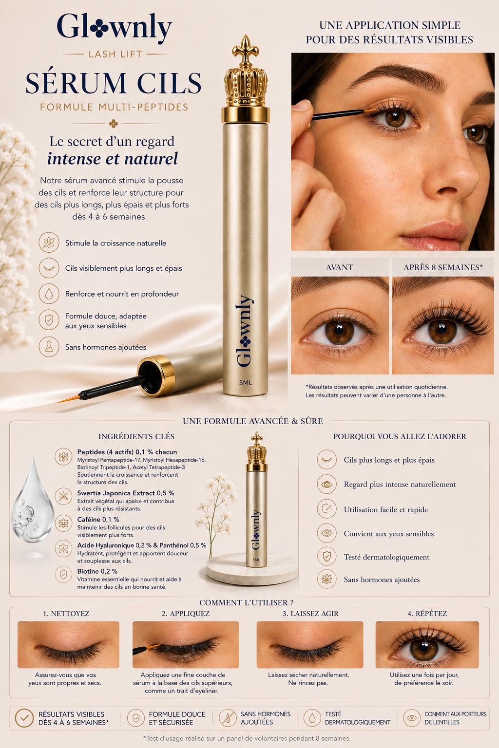 Sérum cils GLOWNLY, flacon et applicateur