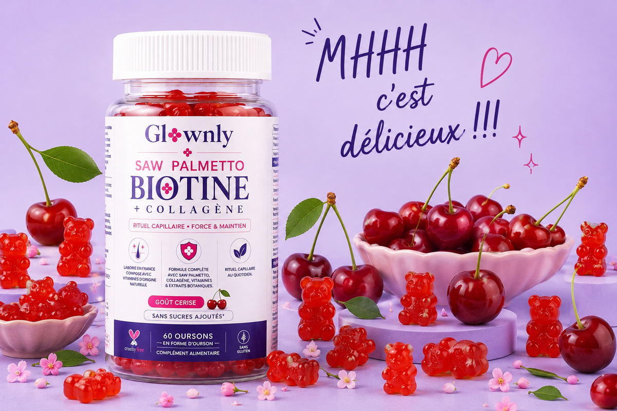 Gummies cheveux GLOWNLY goût cerise, Saw Palmetto et biotine