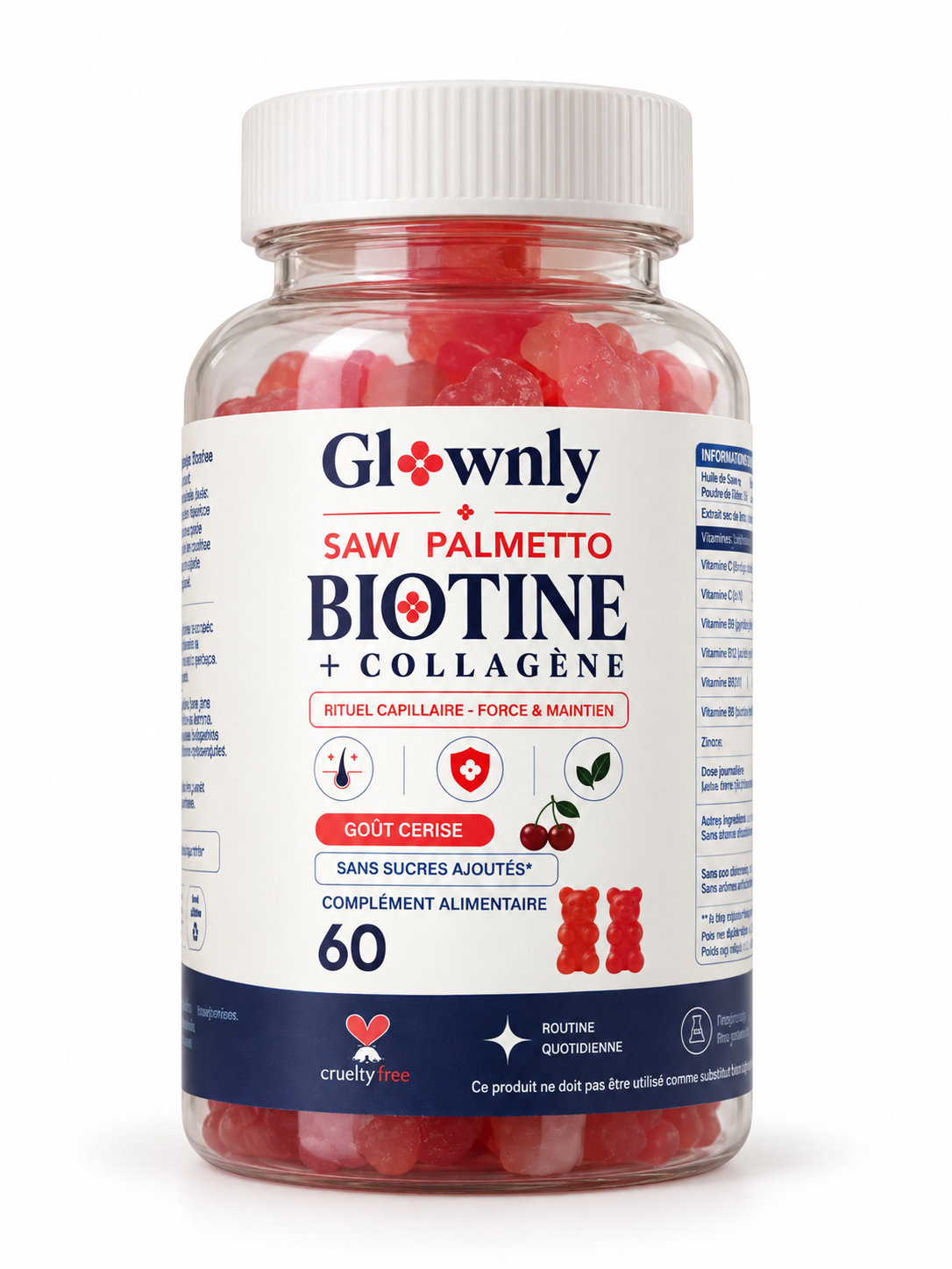 Flacon de gummies cheveux GLOWNLY Saw Palmetto, biotine et collagène, goût cerise, 60 oursons
