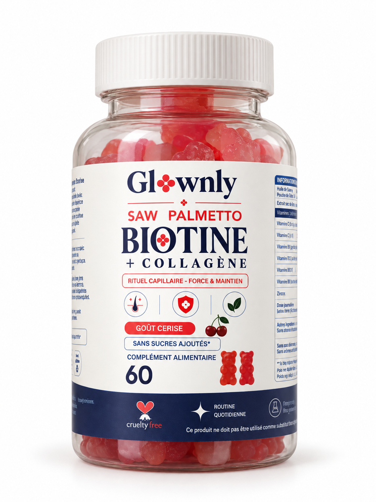 Flacon de gummies cheveux GLOWNLY Saw Palmetto, biotine et collagène, goût cerise