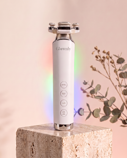 Appareil visage Glownly 4-en-1 RF, EMS, VR et LED sur socle en pierre