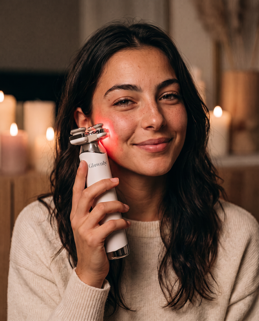 Soin lumière LED rouge sur la joue avec l'appareil Glownly